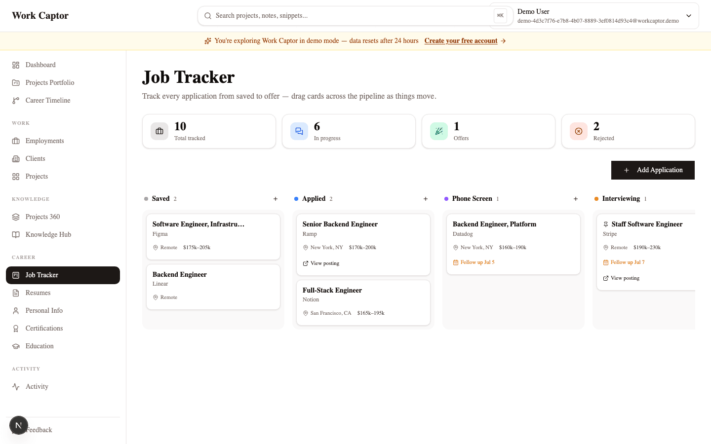 Job Tracker Kanban board with applications across pipeline stages