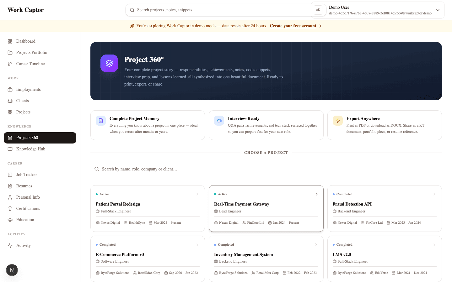 Project 360 view synthesizing achievements, notes, and interview prep