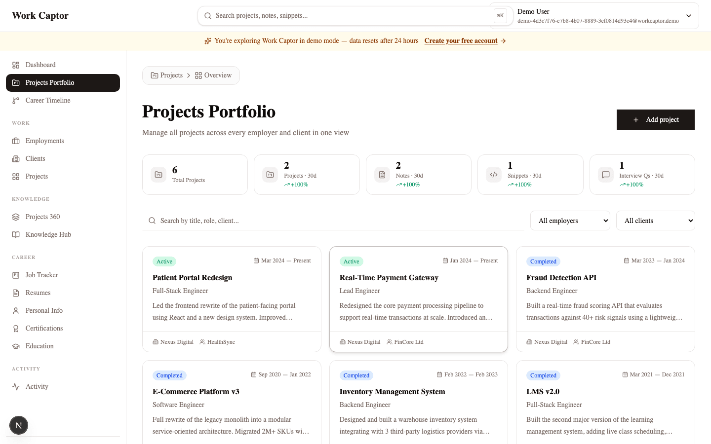 Projects overview organized by client